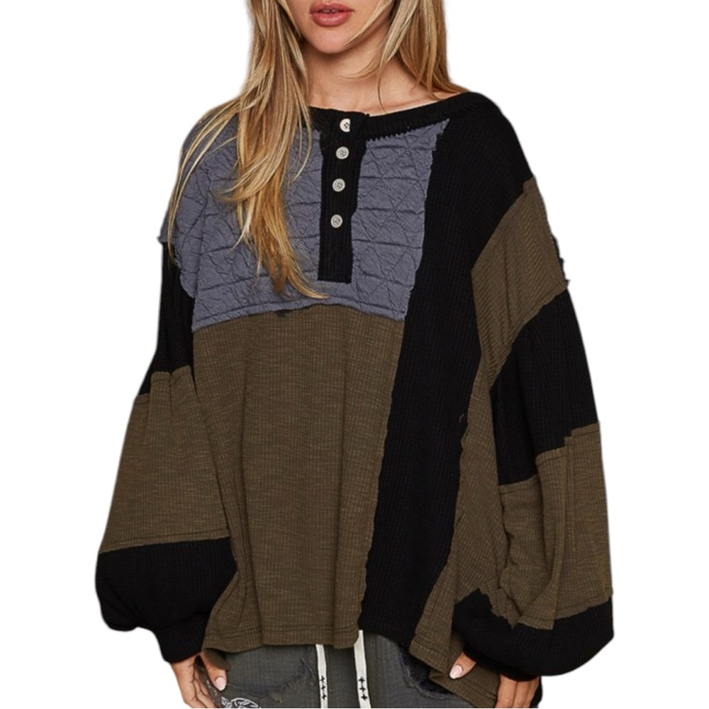 114. Steel / Black Ribbed Contrast Balloon Sleeve Henley Oversized Top NEW